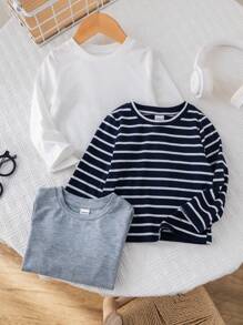 Loomiva Infant 3pcs Set Black White Striped & Solid Color Crew Neck Long Sleeve Sweatshirt Tops, Soft, Comfortable, Versatile For Home & Outdoor Wear, Spring Autumn - Multicolor - View 6