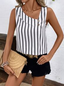 SHEIN LUNE 夏季女士不对称领装饰纽扣条纹面料休闲度假无袖衬衫 - 彩色 - 查看 3