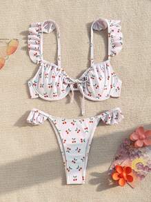 Swim Mod Women's Summer Beach Cherry Print Ruffled Front-Tie Sexy Bikini Set - Multicolor - View 5