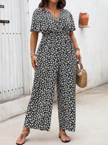 SHEIN LUNE Mono con estampado floral y cintura ceñida para vacaciones y ocio, talla grande, verano