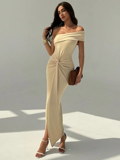 Aloruh 优雅露肩扭纹装饰腰部收紧高开衩长裙，无袖