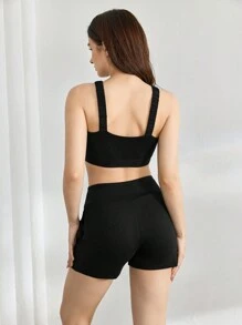 Ocili Leisure Solid Cami Top & Shorts Lounge Set - Black - View 2