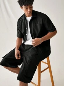 SWAVVY Men's Summer Solid Color Workwear Woven Casual Shirt & Shorts Set With Pockets