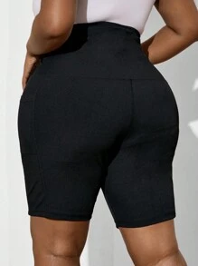 SHEIN Lady Plus Size Women's Slim Fit Trousers With Button Fastening, Summer Basics - Black - View 2