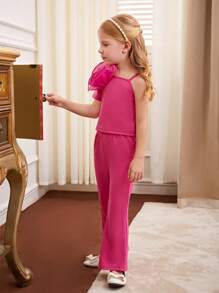 SHEIN Young Girls Asymmetrical Neck Stereo Flower Top & Flare Leg Pants - Hot Pink - View 3