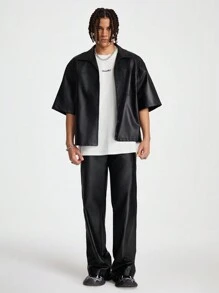 AXEPEAK Men's Plain Leather Loose Short Sleeve Shirt, Suitable For Summer, Boyfriend Gift, Going Out - Black - View 3