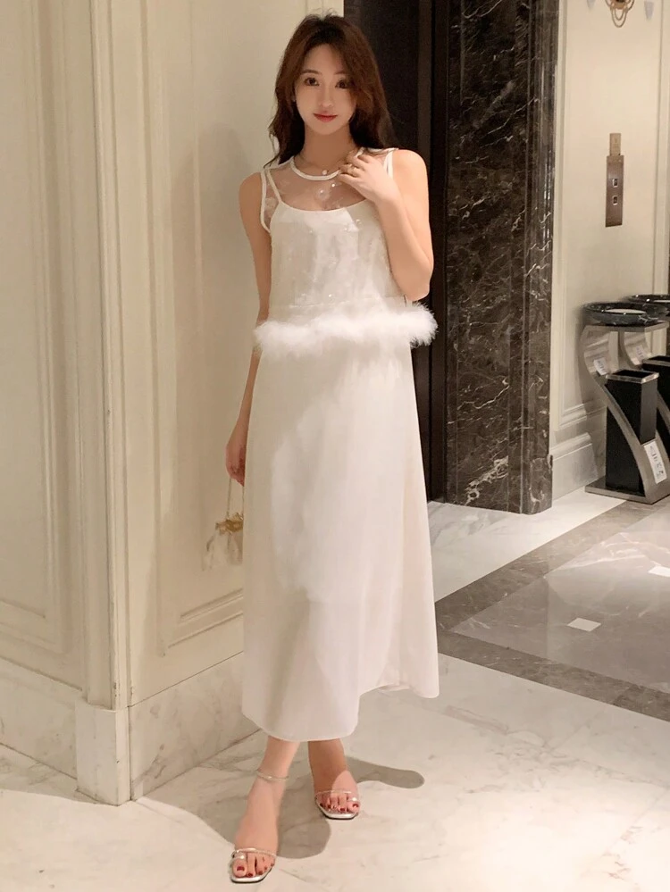 Women's Elegant Slim Strap Dress And Sleeveless Mesh Sheer Top, Summer, Women Two Pieces Sets