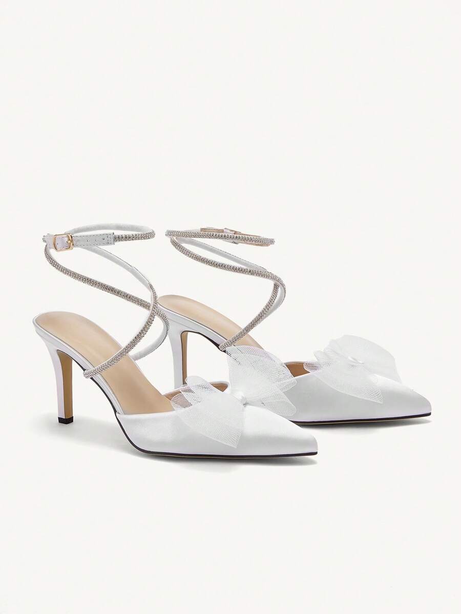 CUCCOO HITCHD Pointed Toe Stiletto Heel Fashionable And Sexy Mesh Wedding Shoes With Rhinestones Decoration For Women Halloween - White - View 1