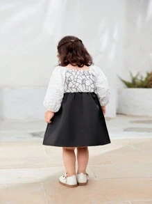 Baby Girls' Autumn Ladylike Lantern Sleeve Embossed Jacquard Black And White Party Dress - Multicolor - View 2