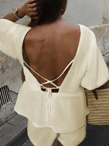 INAWLY Oberteil mit Schnürung am Rücken und Fledermausärmel und Shorts mit offenem Rücken und Spitze - Aprikosenfarben - Übersicht 1