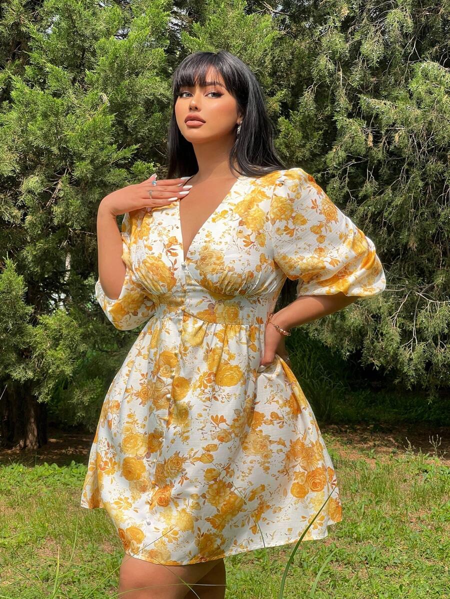 Flirla 大码V领全身印花女式时尚夏季连衣裙度假沙滩装 - 黃色 - 查看 1
