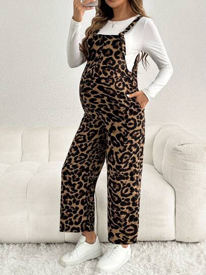 SHEIN Gravid Casual Lös Leopard Print axelrem Jumpsuit