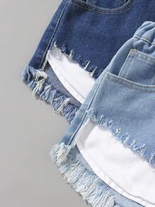 Teen Girl Summer Casual Fringe Hem Washed Denim Shorts With Elastic Waistband