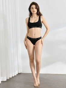 Ocili 女士無縫短背心內衣，字母印花，可拆卸胸墊 - 黑色 - 查看 7