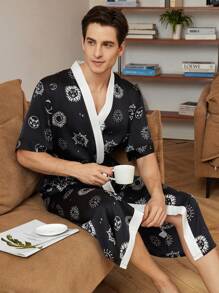 Men Sun & Moon Print Contrast Trim Belted Satin Robe - Black - View 1