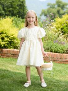 SHEIN Glamorique Kids Jupe de bulles florale avec accents de faux diamants, robe de princesse unie adaptée pour la fête d'anniversaire, les vacances, la demoiselle d'honneur - Champagne - Voir 1