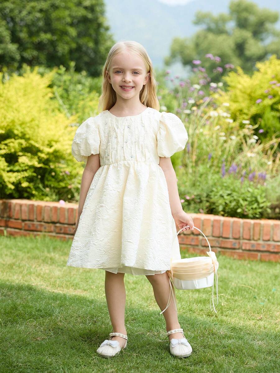 SHEIN Glamorique Kids Jupe de bulles florale avec accents de faux diamants, robe de princesse unie adaptée pour la fête d'anniversaire, les vacances, la demoiselle d'honneur - Champagne - Voir 1