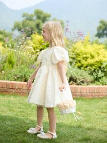 SHEIN Glamorique Kids Jupe de bulles florale avec accents de faux diamants, robe de princesse unie adaptée pour la fête d'anniversaire, les vacances, la demoiselle d'honneur - Champagne - Voir 7