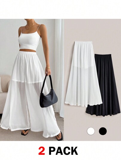 SHEIN Essnce Women Casual Boho Solid Basics Wide Leg Pants White Pants And Black Pants Flowy Pants All-Match Pants For Summer Vacation ,2 Packs