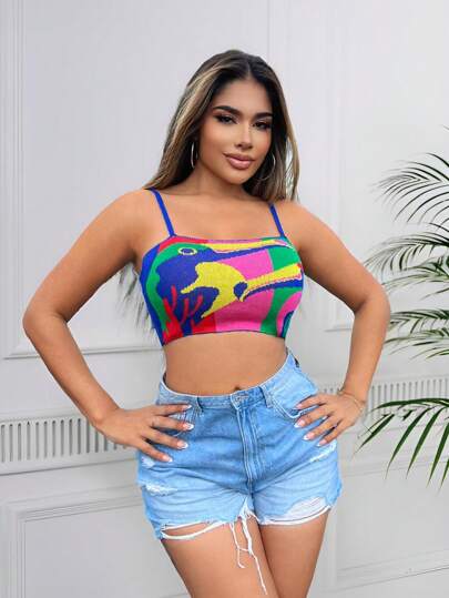 SHEIN SXY 女性用ジオメトリック柄クロップドニットタンクトップ、サマーバケーション、ビーチ、BOHO、セクシーボホ、誕生日、バチェロレッテパーティーウーマンズアウトフィット、レインボーカラー