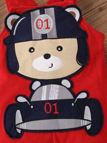 男童卡通刺繡肩帶短褲套裝，夏季 - 紅色 - 查看 3