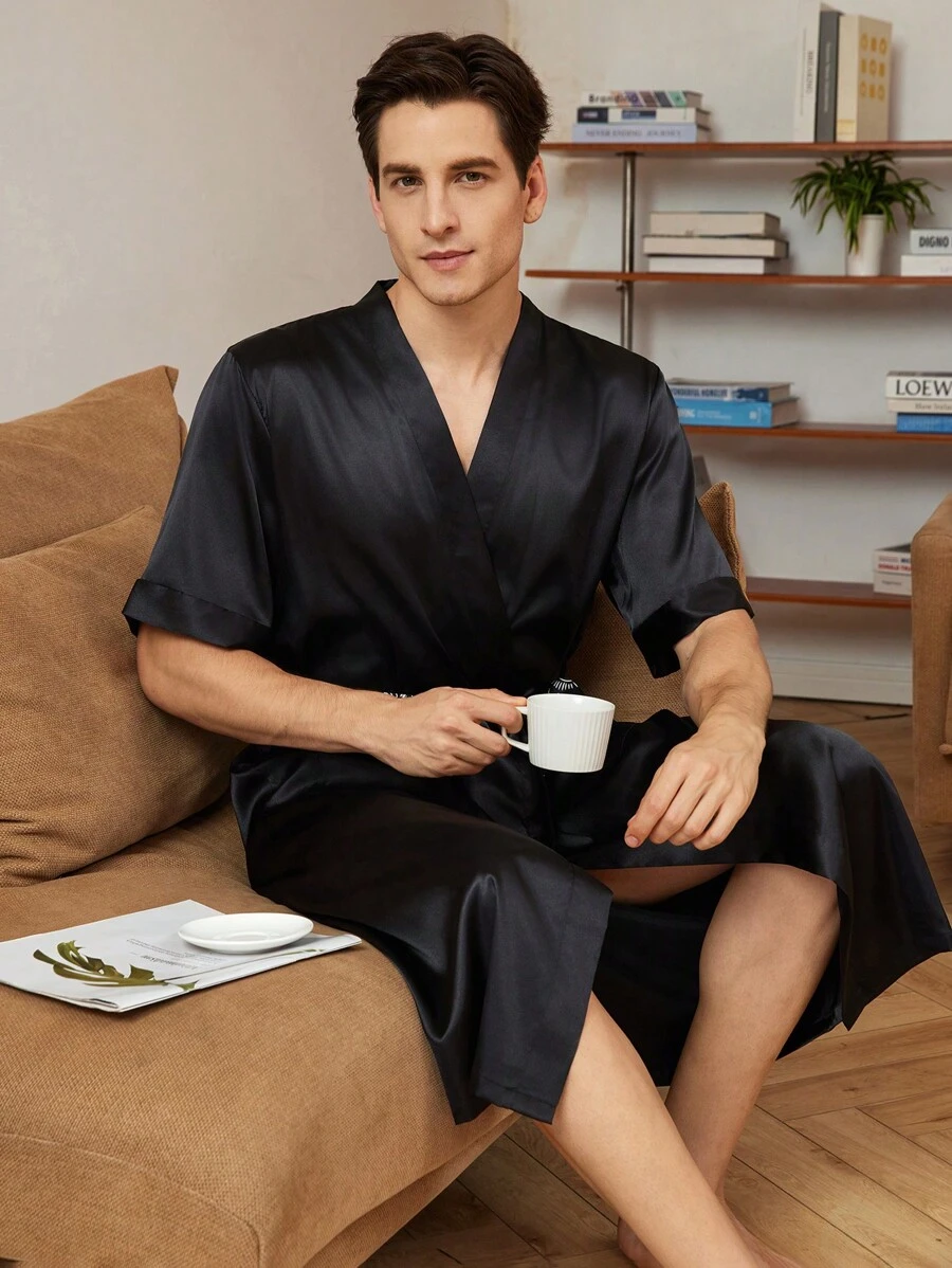 男士純色綁帶緞面浴衣 - 黑色 - 查看 1