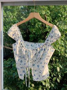 Comfortcana Áo Babydoll hoa xanh trắng ngọt ngào - Xanh và trắng - Xem 1