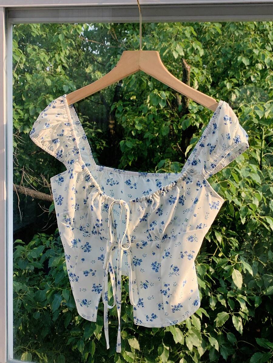 Comfortcana Áo Babydoll hoa xanh trắng ngọt ngào - Xanh và trắng - Xem 1