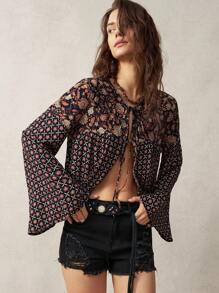 Bohemela Women's Vintage Shirt With Floral Pattern And Tie Front For Pre-Vacation - Multicolor - View 5