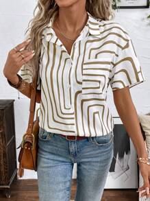 SHEIN LUNE قميص نسائي بأكمام قصيرة بتصميم ملون بزر أحادي للصيف - متعدد الألوان - مشاهدة 3