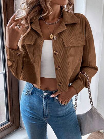 EMERY ROSE Spring/Summer Casual Solid Color Corduroy Cropped Jacket,Ladies Spring/Fall Casual Button,Pocket Drop Shoulder Collar Regular Fit Khaki Corduroy Plain Women Jackets,Casual Daily Wear
