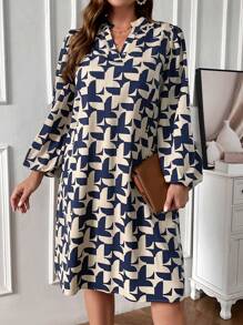 EMERY ROSE Plus Size Colorblocked V-Neck Lantern Sleeve Summer Dress For Women,Spring/Vacation - Multicolor - View 5