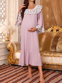 Moonlight&Mama 玫瑰与心形刺绣蕾丝边舒适孕妇睡裙，弹力宽领口，长袖睡衣裙 - 藕粉色 - 查看 5