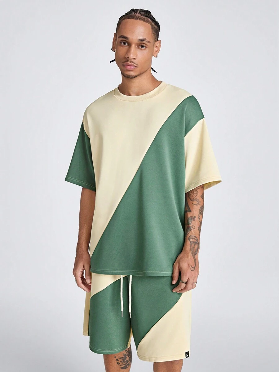 Manfinity VCAY Men's Loose Round Neck Patchwork Short Sleeve T-Shirt Set, Suitable For Summer - Black - View 1