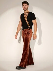 FeverCity Men's Korean Velvet Slim Fit Flared Long Dress Pants - Brown - View 6