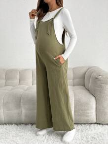 SHEIN 孕妇休闲可调节肩带宽松连体裤 - 軍綠色 - 查看 5