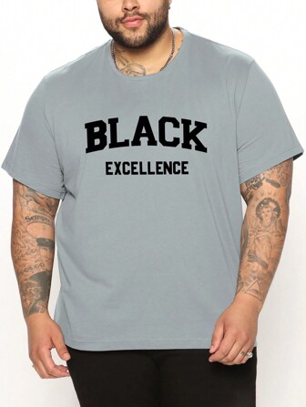 Plus Size Men's Casual Letter Print Round Neck Short Sleeve T-Shirt, Summer