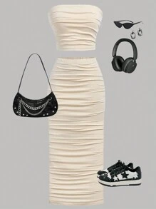 SHEIN Girlism 少女杏色和乳白色抹胸上衣褶皱上衣和下摆针织半裙休闲基础款两件套 - 杏色 - 查看 1