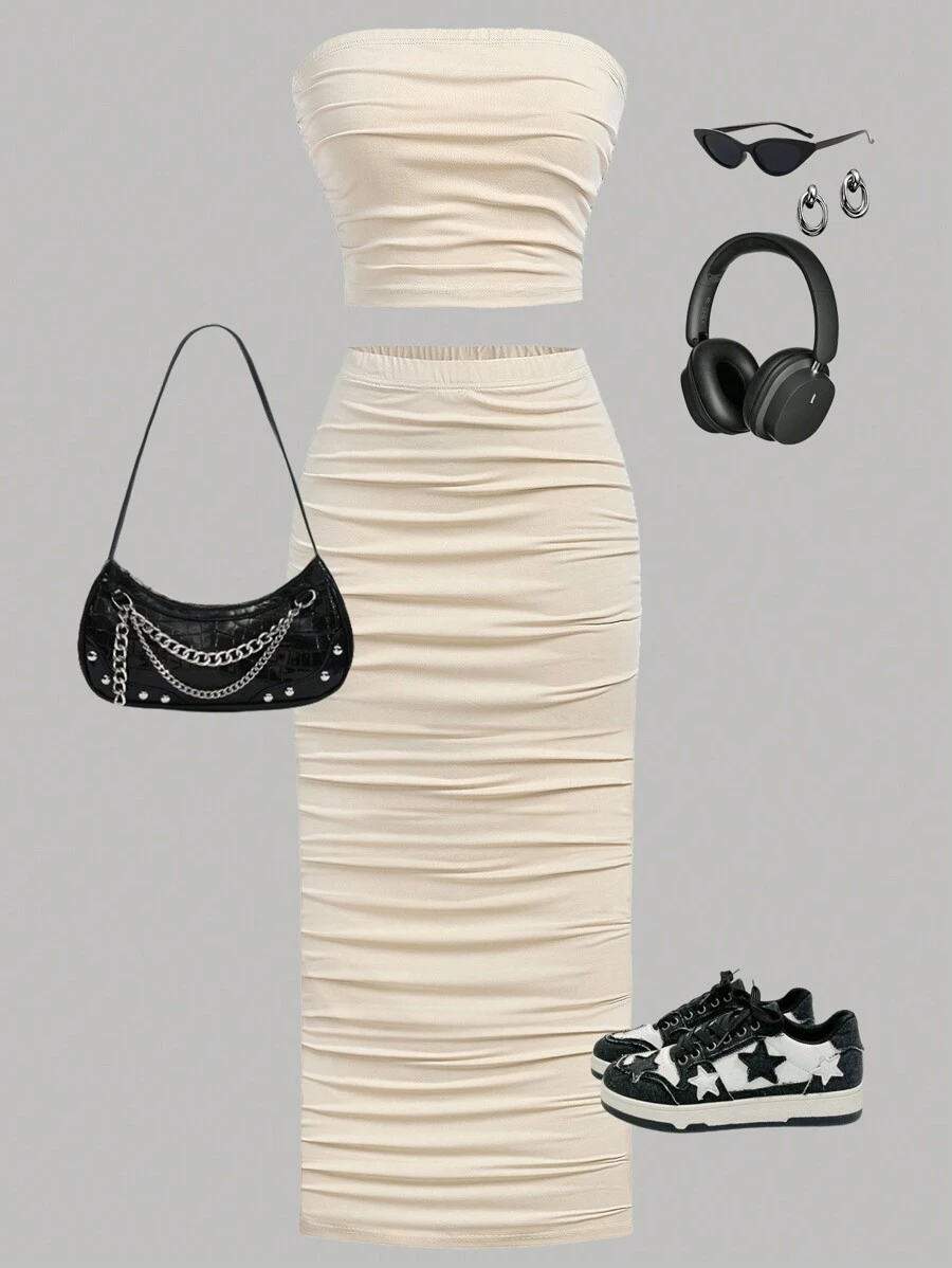 SHEIN Girlism 少女杏色和乳白色抹胸上衣褶皱上衣和下摆针织半裙休闲基础款两件套 - 杏色 - 查看 1