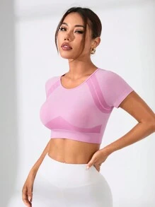 Women's Solid Pink Short Sleeve Crop Sports Top And Leggings Set For Summer Fitted Shirt - Pink - View 4