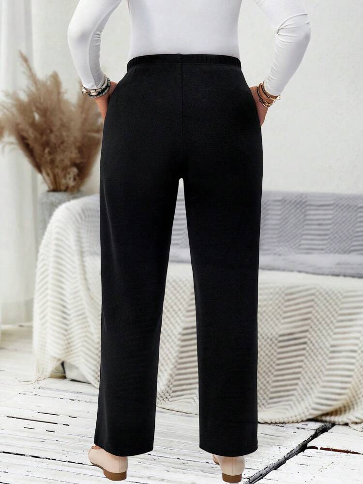 Plus Size Women's Casual Daily Black Long Pants With Pockets,Spring/Summer/Vacation