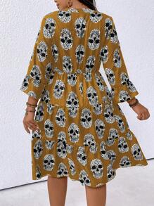 SHEIN LUNE Váy mùa hè in hình cỡ lớn với đường viền cổ chữ V có khía - Màu Khaki - Xem 2