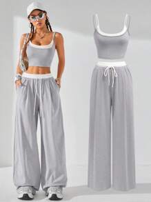 Coolane Conjunto de ropa de calle de primavera/verano para mujer con estilo, parte superior de tirantes finos con diseño de bloques de color + pantalones de color contrastante