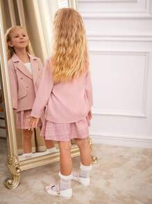 SHEIN Girls Casual Pink Plaid Blazer Jacket, White Top And Skirt 3pcs Set, Autumn/Winter New Arrival. This Set Uses A Pink Plaid Fabric With Pleated Skirt, And A Faux Pearl Elastic Waist Belt, Giving A Fashionable And Professional Look, Suitable For Daily And Formal Occasions, Allowing The Child To Show Confidence And Style. - Baby Pink - View 2