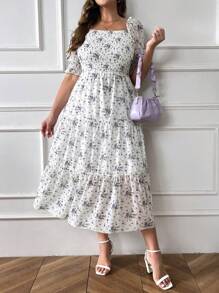 SHEIN LUNE Plus Size Square Neckline Puff Sleeve Cinching Waist Dress - Multicolor - View 4