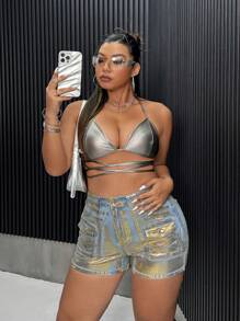 SHEIN ICON 夏季加口袋荷葉邊牛仔短褲 - 中等水洗藍 - 查看 4