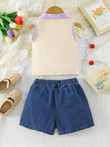 Baby Girl Summer Contrast Collar Tank Top & Scallop Trim Shorts - Multicolor - View 2