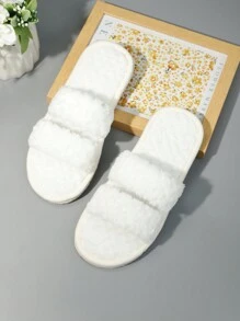 Zapatillas de novia de dos correas paralelas, blancas, esponjosas y mullidas para damas de honor, zapatillas de boda de suela blanda, cómodas y silenciosas para el piso del dormitorio - Blanco - Ver 3