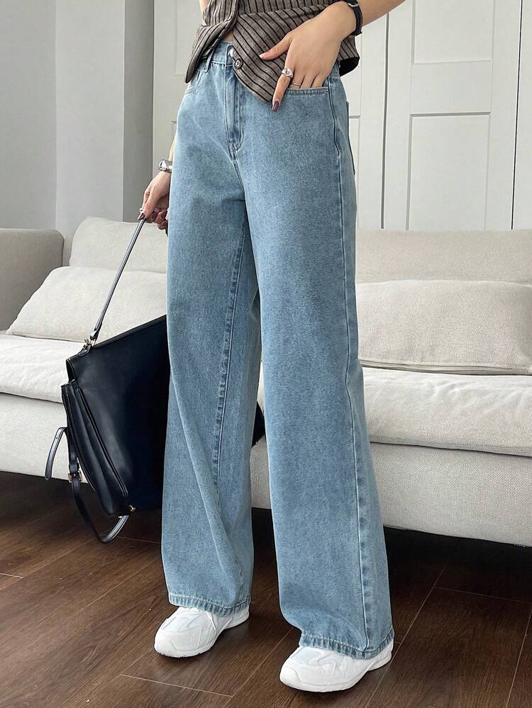 Women Casual Straight Leg Washed Denim Jeans