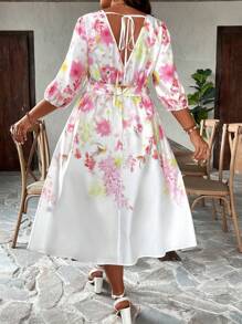 SHEIN Clasi 加大碼花卉印花燈籠袖腰帶連身裙 - 白色 - 查看 2